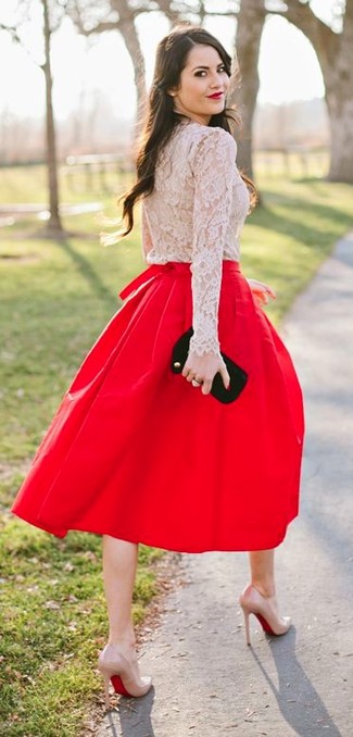 Красная юбка миди с чем носить